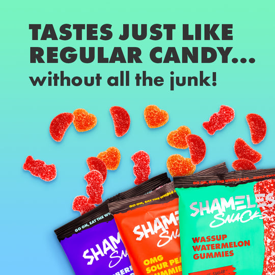 Shameless Snacks Variety Pack Wassup Watermelon Gummies, OMG Sour Peach Gummies and Raspberry Sour Scout Gummies. Candy without all the junk