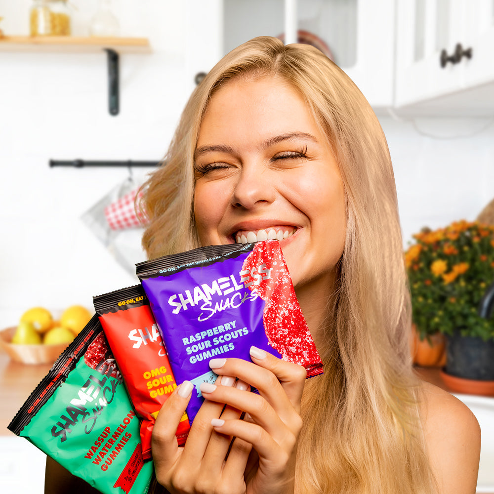 Shameless Snacks Variety Pack Wassup Watermelon Gummies, OMG Sour Peach Gummies and Raspberry Sour Scout Gummies Only 3g sugar, 3g net carbs, and 70 calories per bag. Real Natural Fruit Flavors. Vegan, Gluten-Free, and Keto-Friendly Candy.