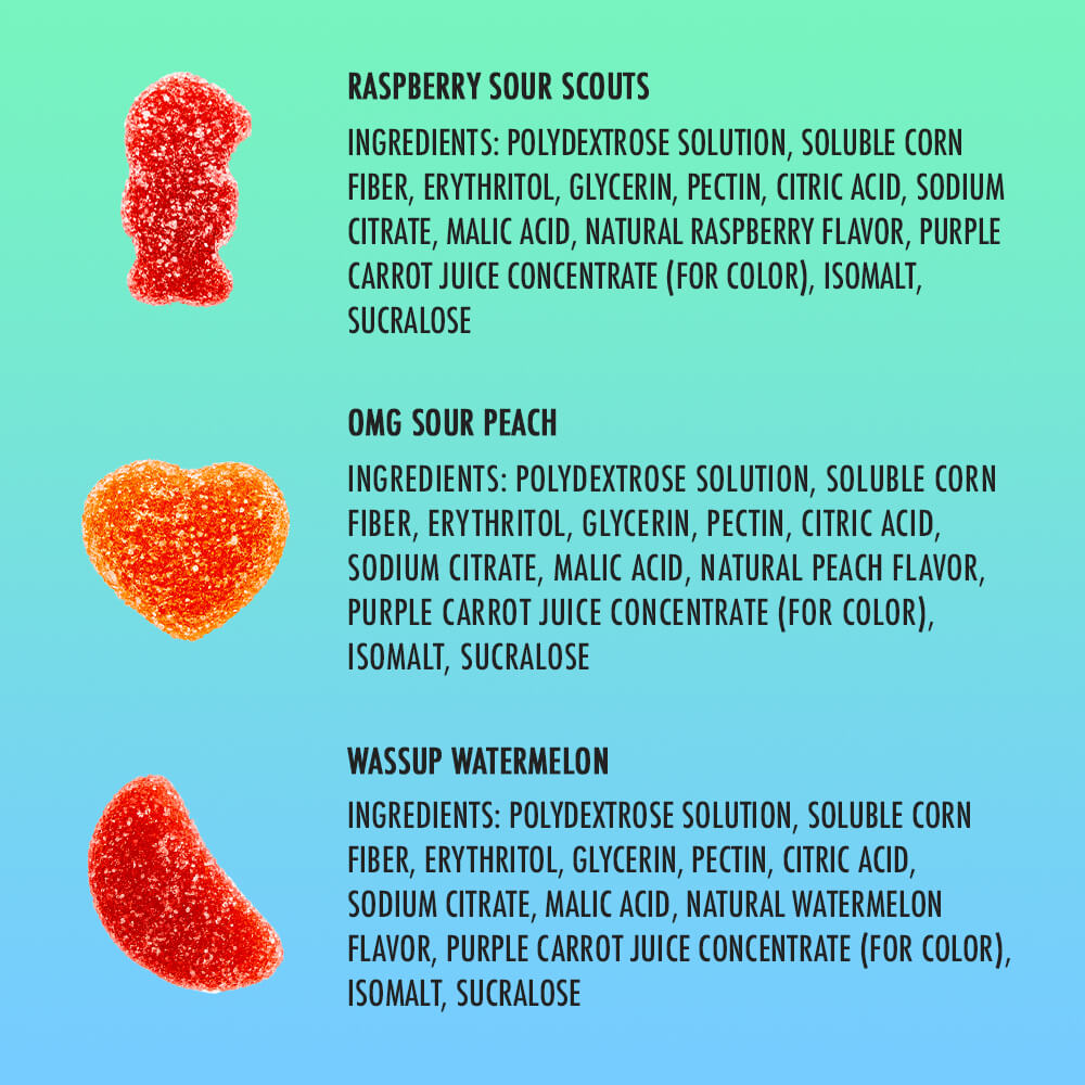 Shameless Snacks Variety Pack Wassup Watermelon Gummies, OMG Sour Peach Gummies and Raspberry Sour Scout Gummies Ingredients