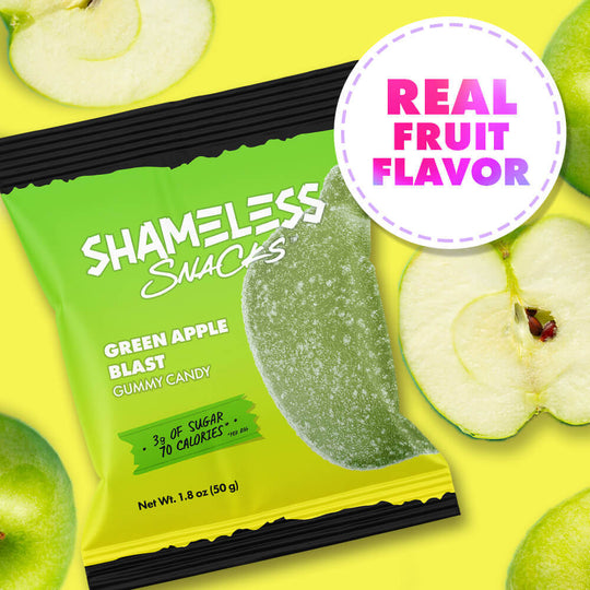Shameless Snacks Green Apple Blast Gummy Candy. Only 3g sugar, 3g net carbs, and 70 calories per bag. Real Natural Fruit Flavors. Vegan, Gluten-Free, and Keto-Friendly Candy.