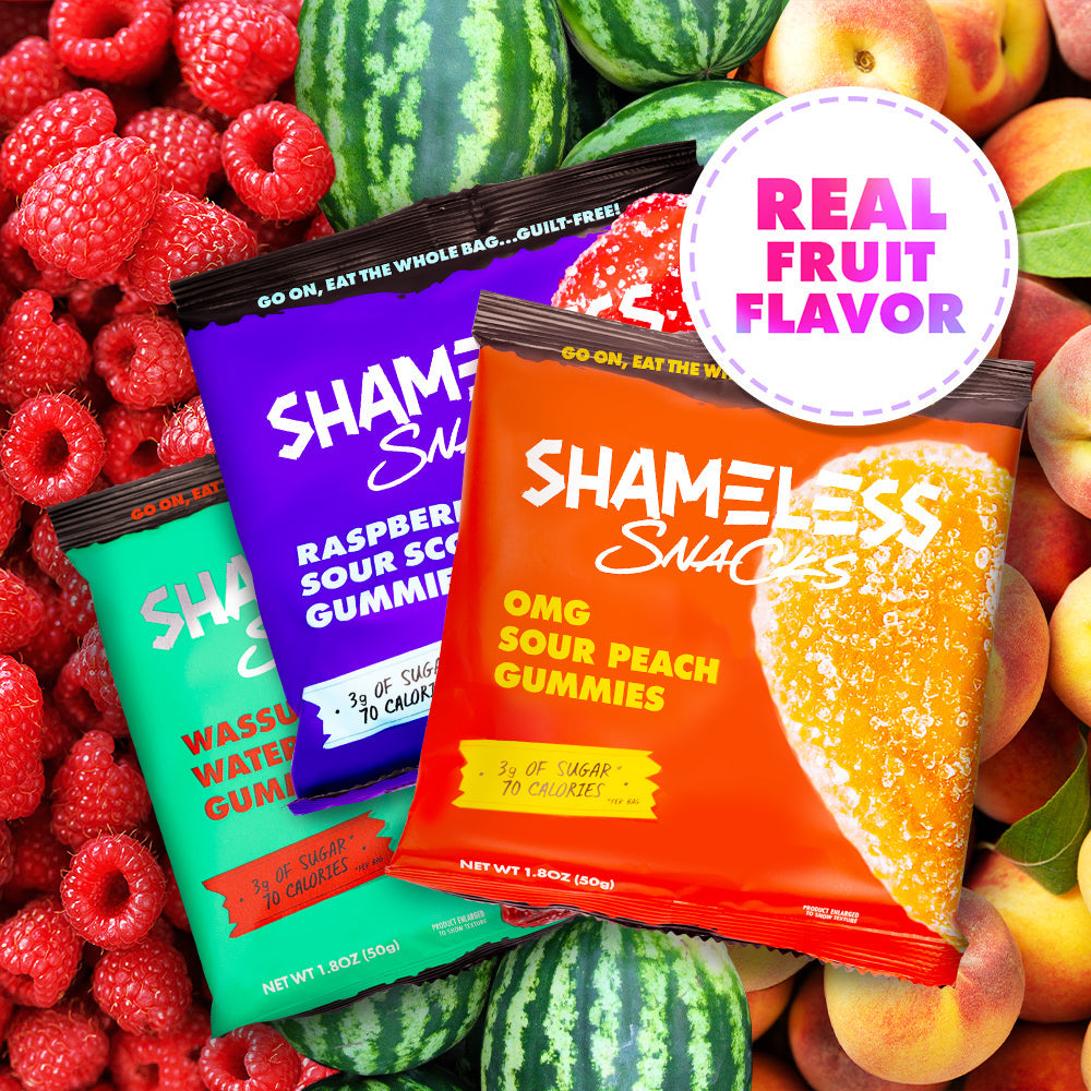 Shameless Snacks Variety Pack Wassup Watermelon Gummies, OMG Sour Peach Gummies and Raspberry Sour Scout Gummies Only 3g sugar, 3g net carbs, and 70 calories per bag. Real Natural Fruit Flavors. Vegan, Gluten-Free, and Keto-Friendly Candy.