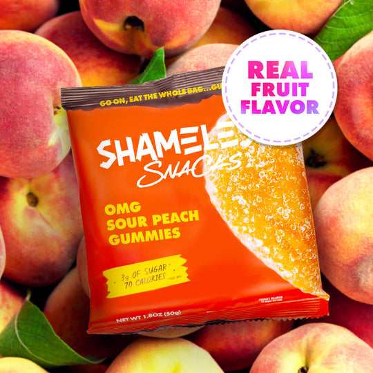 Shameless Snacks OMG Sour Peach Gummies Real Fruit Flavor