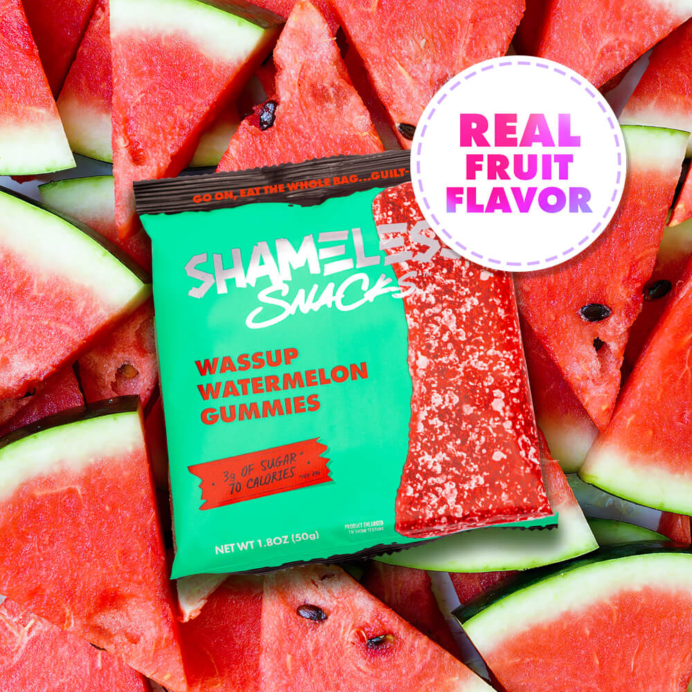 Real Fruit Flavor Shameless Snacks Wassup Watermelon Gummies 3g of Sugar 70 Calories 1.8oz Bag