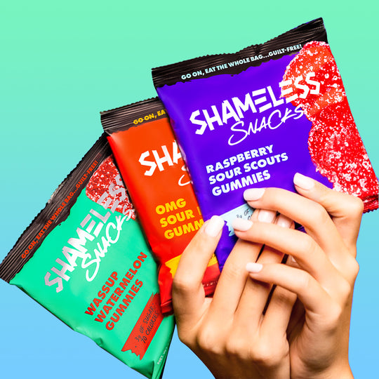 Shameless Snacks Variety Pack Wassup Watermelon Gummies, OMG Sour Peach Gummies and Raspberry Sour Scout Gummies Only 3g sugar, 3g net carbs, and 70 calories per bag. Real Natural Fruit Flavors. Vegan, Gluten-Free, and Keto-Friendly Candy.