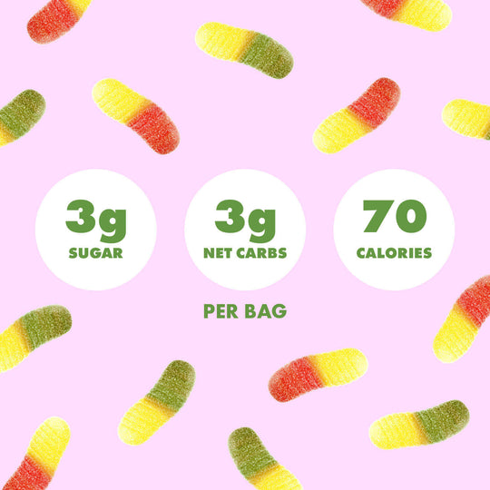 Shameless Snacks Super Wild Worms Gummy Candy Only 3g sugar, 3g net carbs, and 70 calories per bag. Real Natural Fruit Flavors. Vegan, Gluten-Free, and Keto-Friendly Candy.
