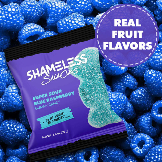 Shameless Snacks Super Sour Blue Raspberry Gummy Candy Only 3g sugar, 3g net carbs, and 70 calories per bag. Real Natural Fruit Flavors. Vegan, Gluten-Free, and Keto-Friendly Candy.