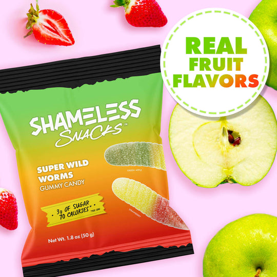 Shameless Snacks Super Wild Worms Gummy Candy Real Fruit Flavors