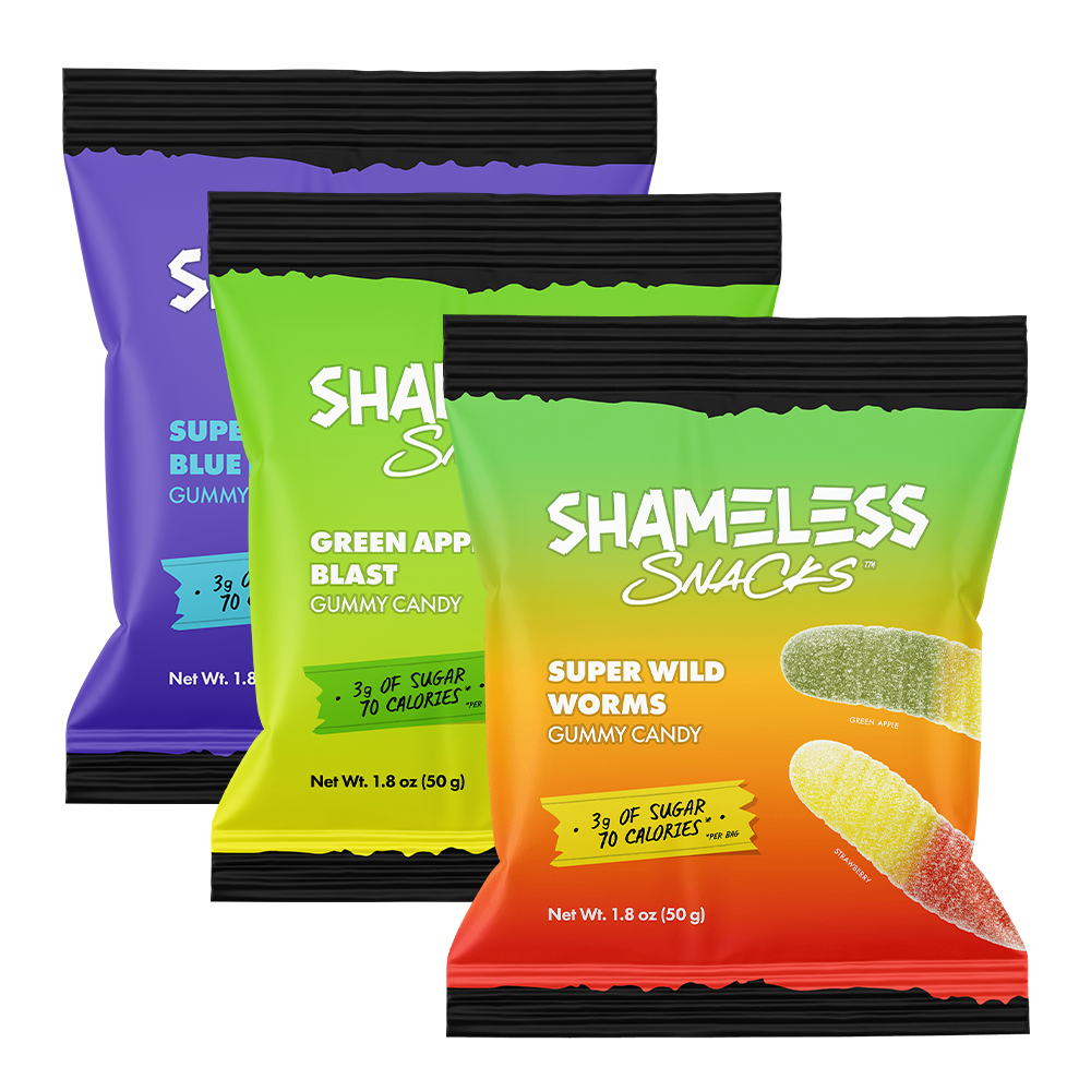 Shameless Snacks Variety Pack Super Wild Worms gummy Candy, Green Apple Blast Gummy Candy and Super Sour Blue Raspberry Gummy Candy Only 3g sugar, 3g net carbs, and 70 calories per bag. Real Natural Fruit Flavors. Vegan, Gluten-Free, and Keto-Friendly Candy.