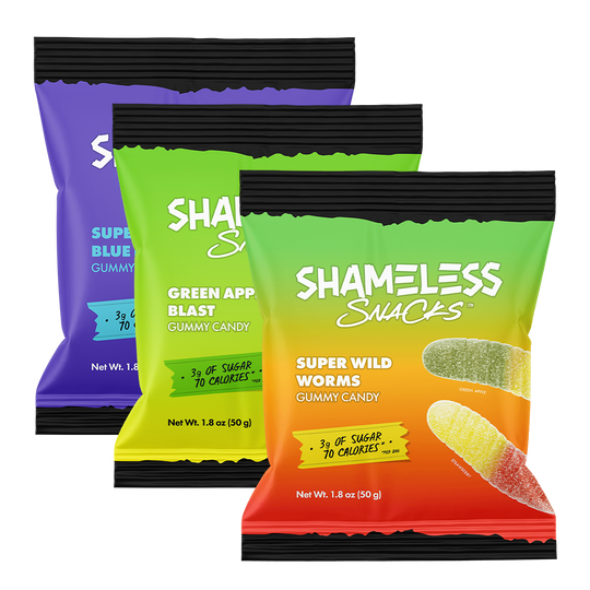 Shameless Snacks Variety Pack Super Wild Worms gummy Candy, Green Apple Blast Gummy Candy and Super Sour Blue Raspberry Gummy Candy Only 3g sugar, 3g net carbs, and 70 calories per bag. Real Natural Fruit Flavors. Vegan, Gluten-Free, and Keto-Friendly Candy.